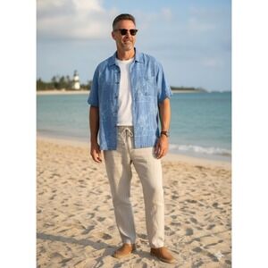 Jamaica Jaxx 100% Silk Hawaiian Shirt Large L Blue Tonal Tropical Floral‎ Beach